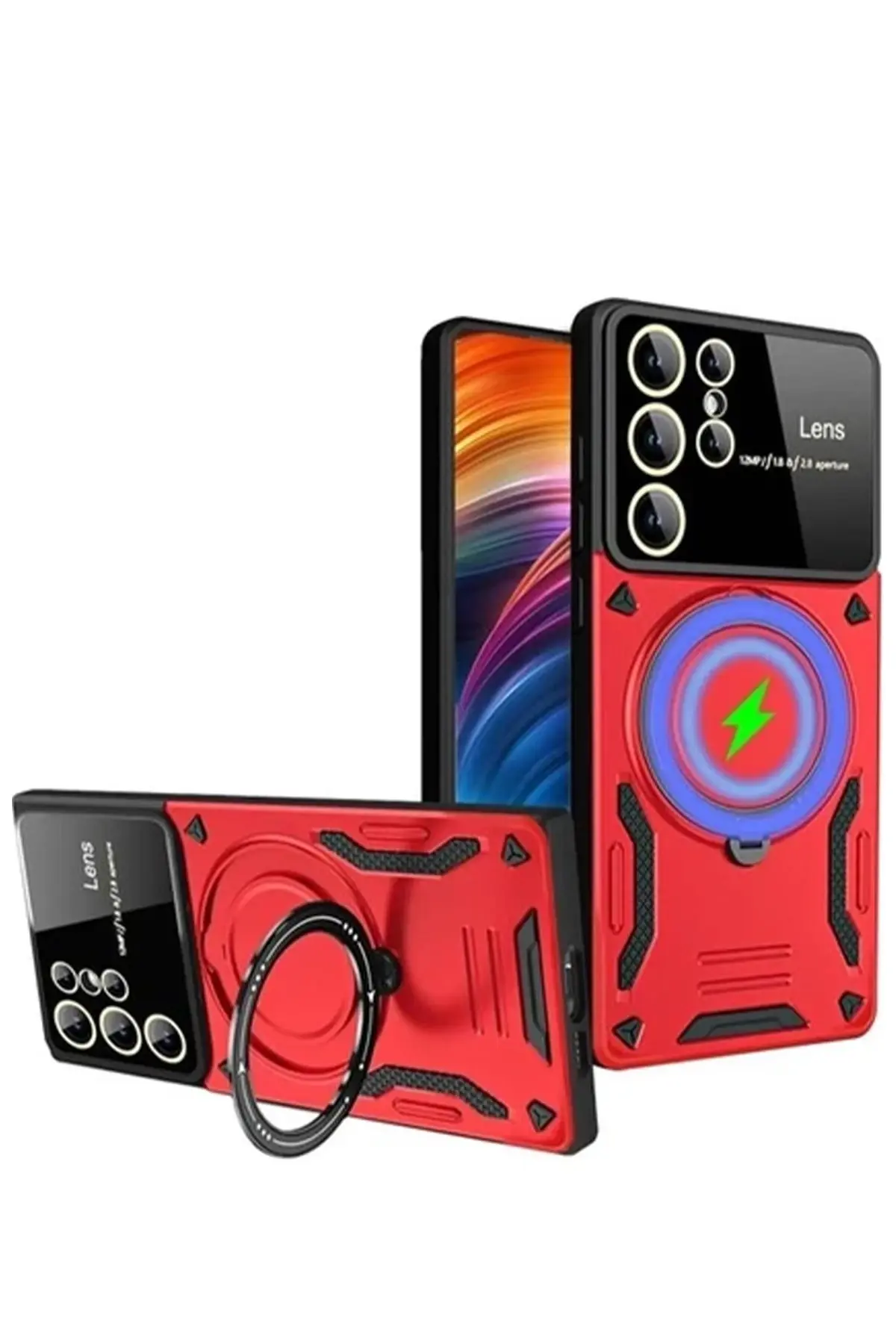 Newface Samsung Galaxy S24 Ultra Kılıf Joy Lens Standlı Kapak - Kırmızı