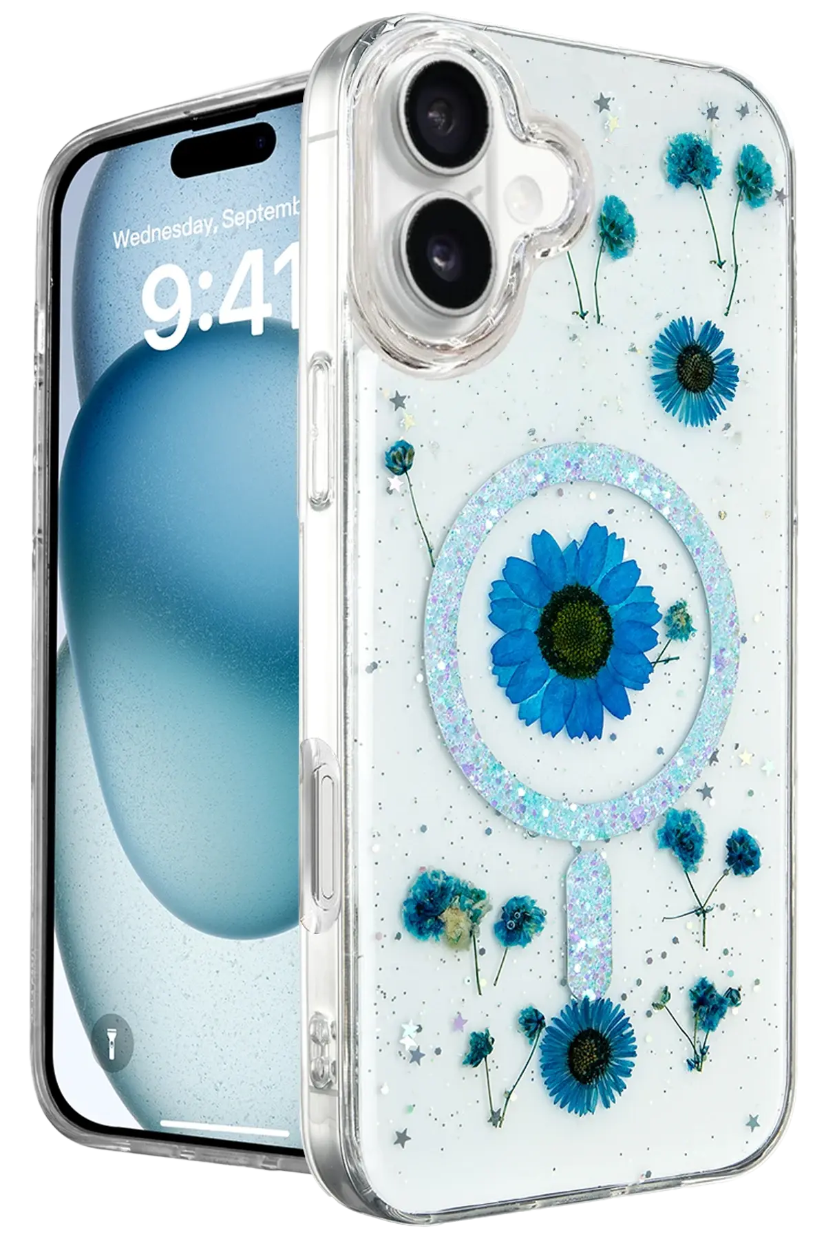 Newface iPhone 16 Kılıf Daisy Simli Magsafe Kapak - Mavi