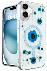 Newface iPhone 16 Kılıf Daisy Simli Magsafe Kapak - Mavi