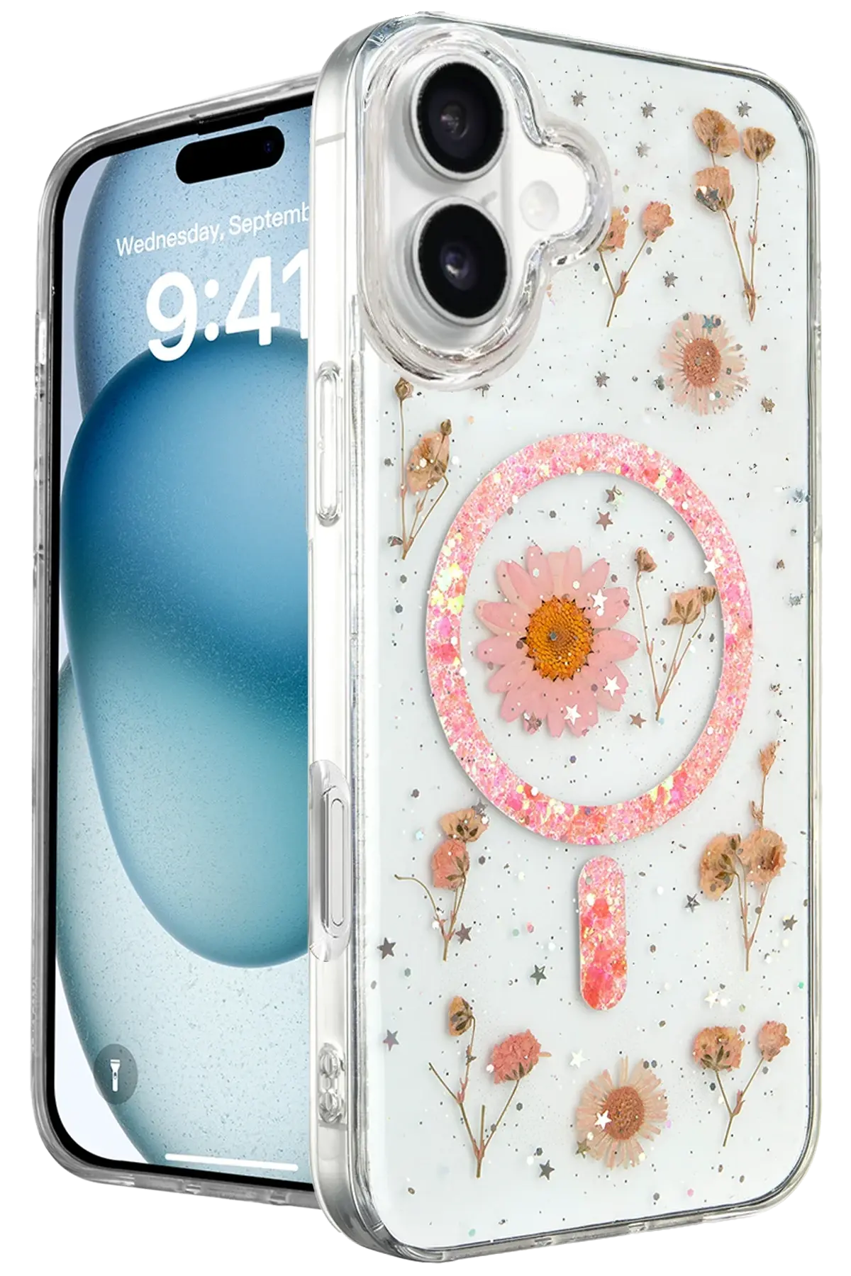 Newface iPhone 16 Kılıf Daisy Simli Magsafe Kapak - Pembe