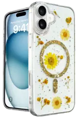 Newface iPhone 16 Kılıf Daisy Simli Magsafe Kapak - Gold