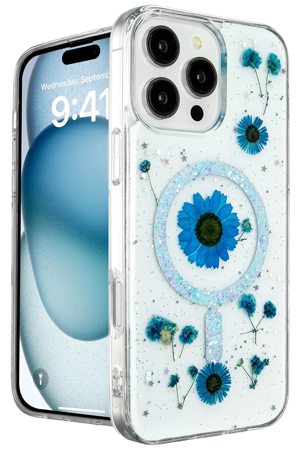 Newface iPhone 16 Pro Kılıf Daisy Simli Magsafe Kapak - Mavi