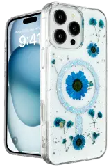 Newface iPhone 16 Pro Kılıf Daisy Simli Magsafe Kapak - Mavi