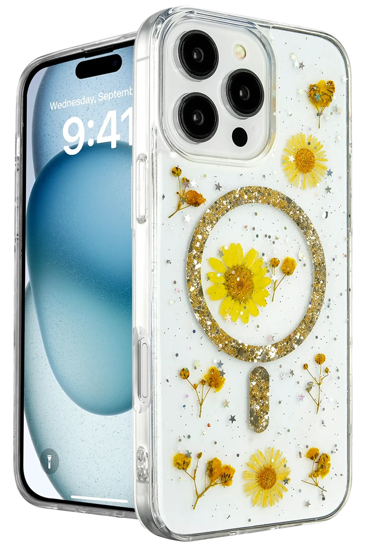 Newface iPhone 16 Pro Kılıf Daisy Simli Magsafe Kapak - Gold