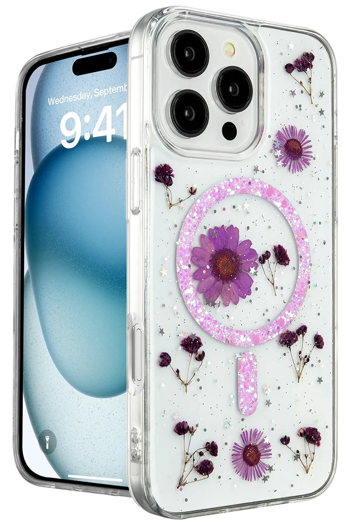 Newface iPhone 16 Pro Max Kılıf Daisy Simli Magsafe Kapak - Mor