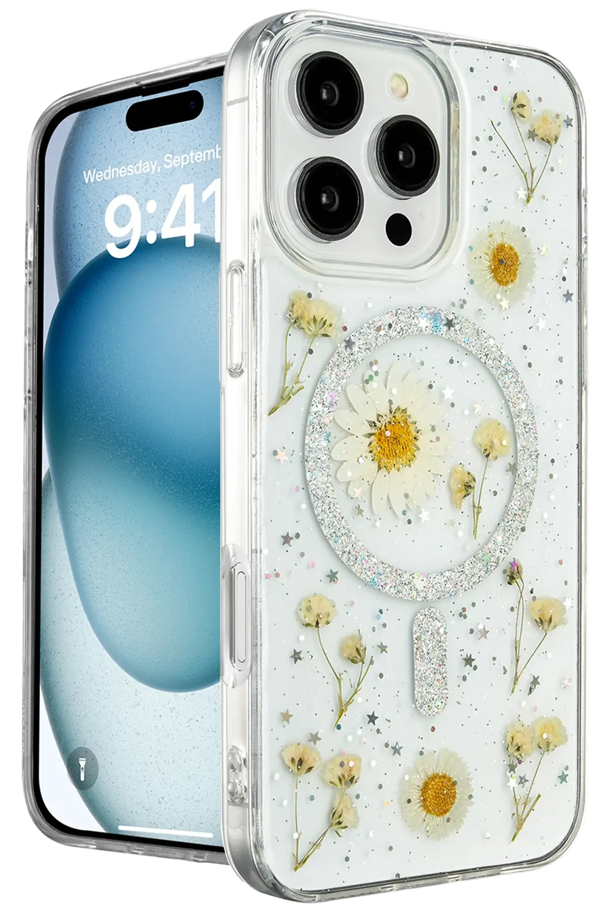 Newface iPhone 16 Pro Max Kılıf Daisy Simli Magsafe Kapak - Gümüş