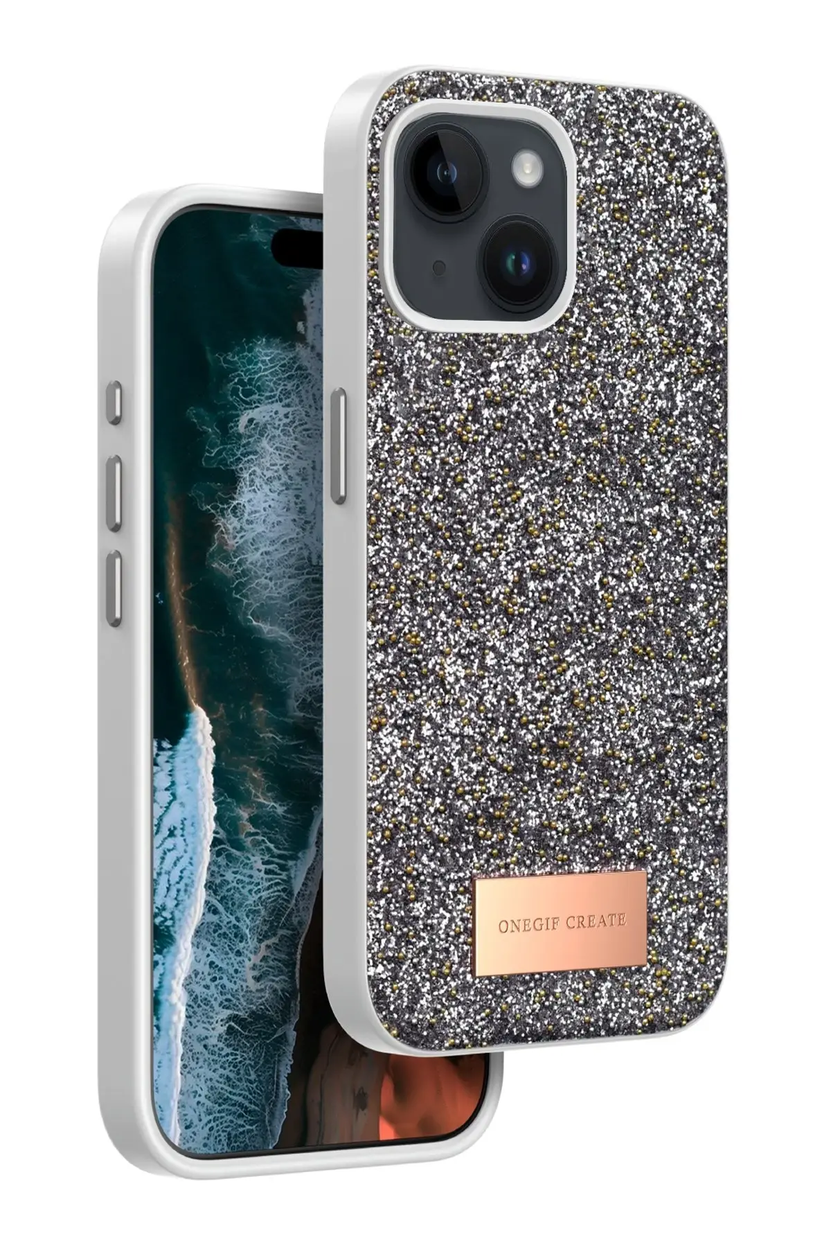 Onegif iPhone 15 Bright Simli Kapak - Gümüş