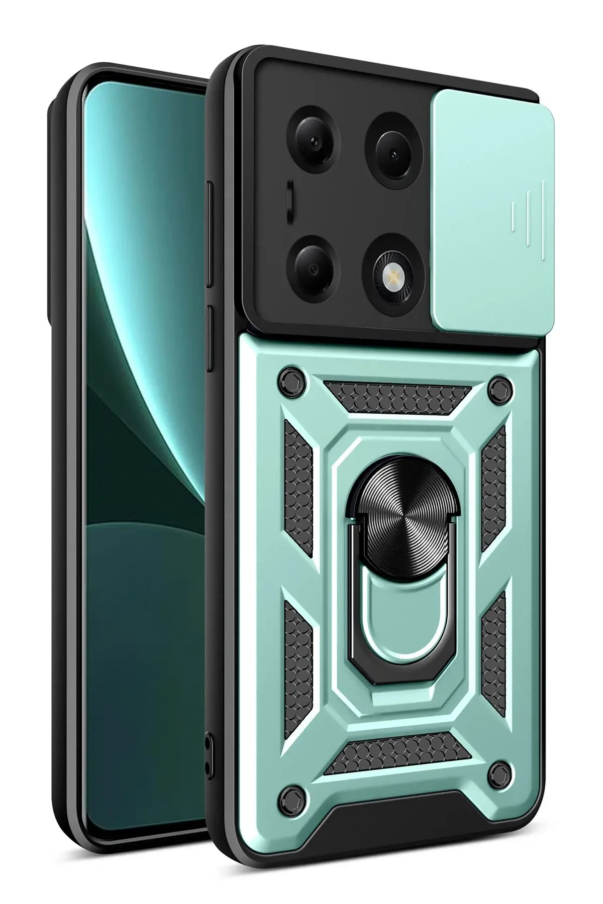 Newface Xiaomi Poco M6 Pro 4G Kılıf Pars Lens Yüzüklü Silikon - Yeşil