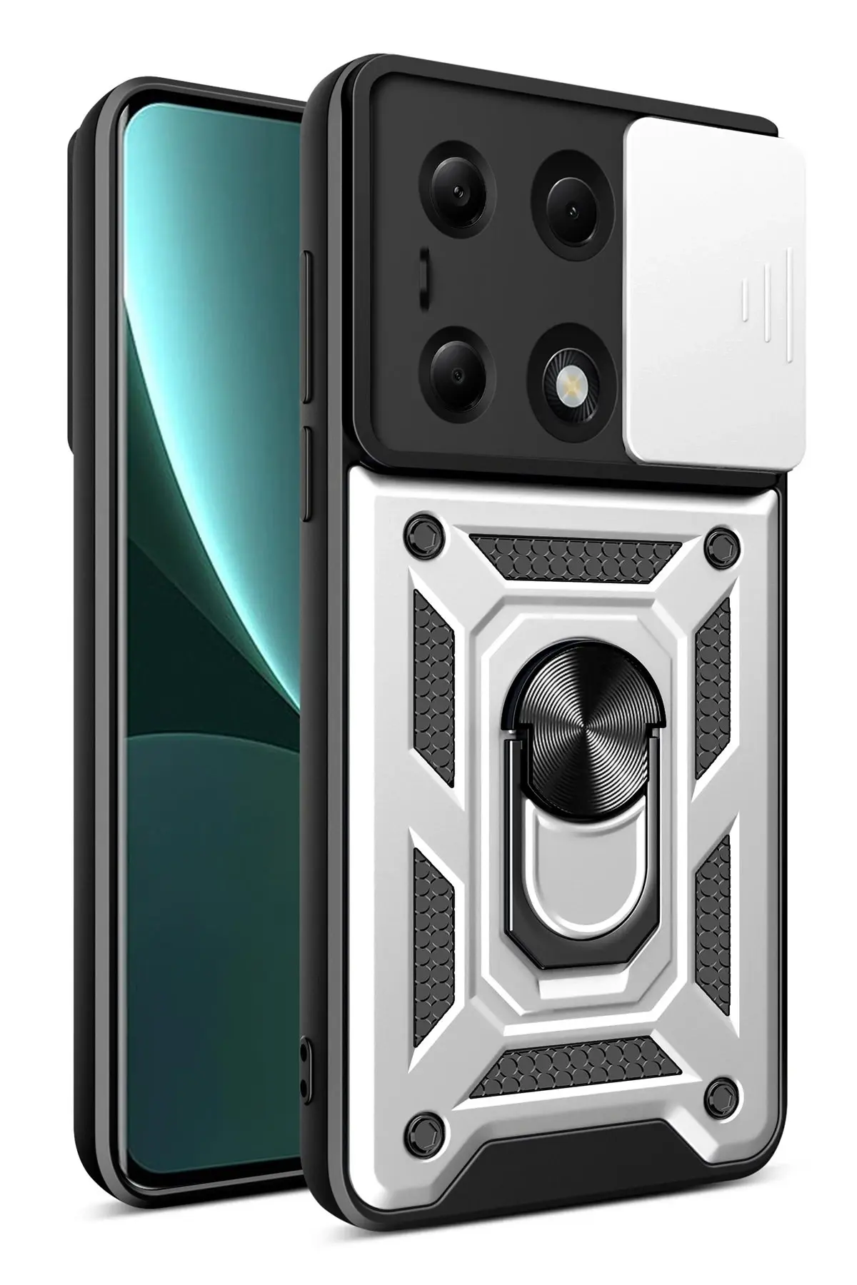 Newface Xiaomi Poco M6 Pro 4G Kılıf Pars Lens Yüzüklü Silikon - Gümüş