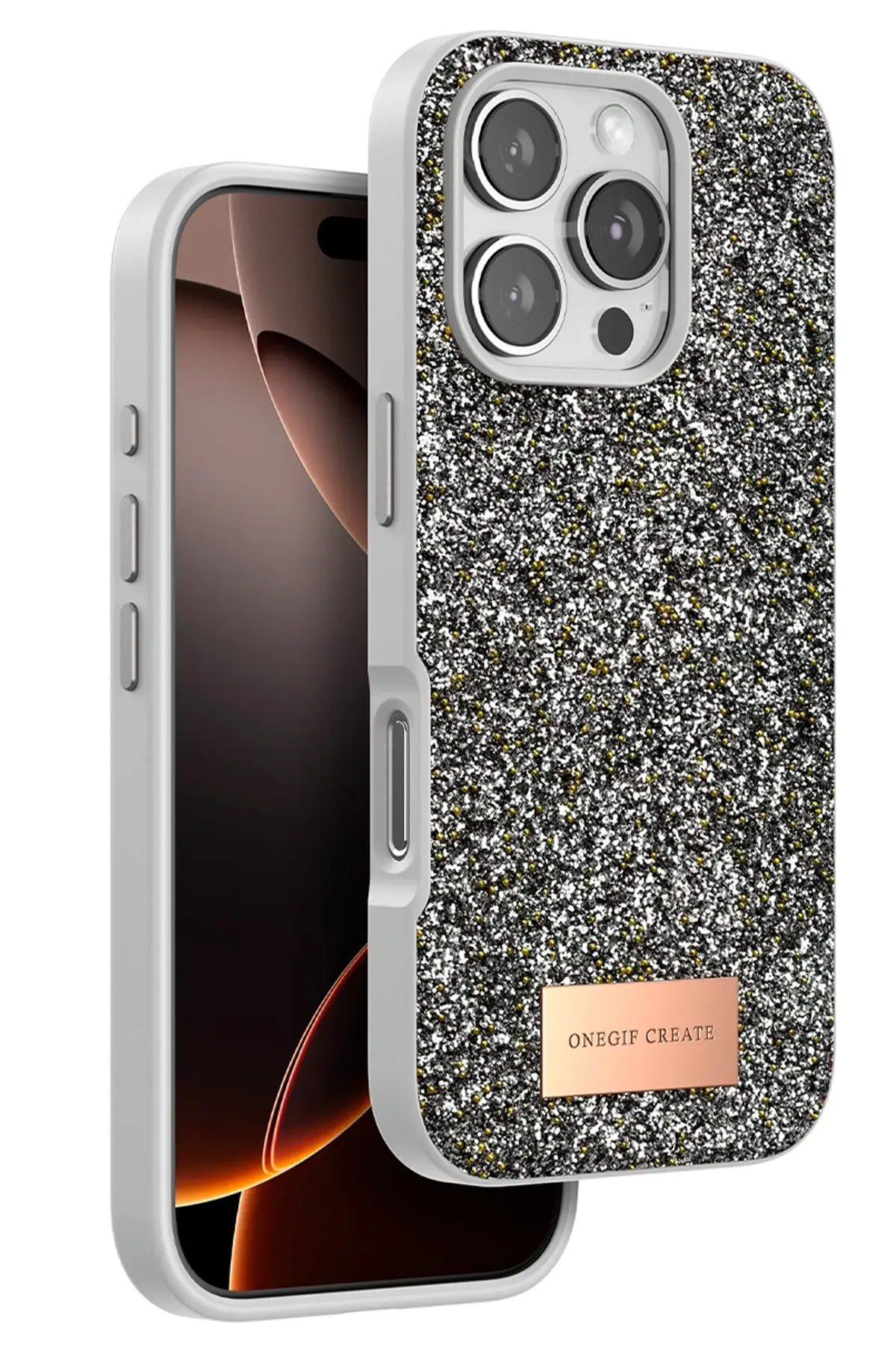 Onegif iPhone 16 Pro Bright Simli Kapak - Gümüş