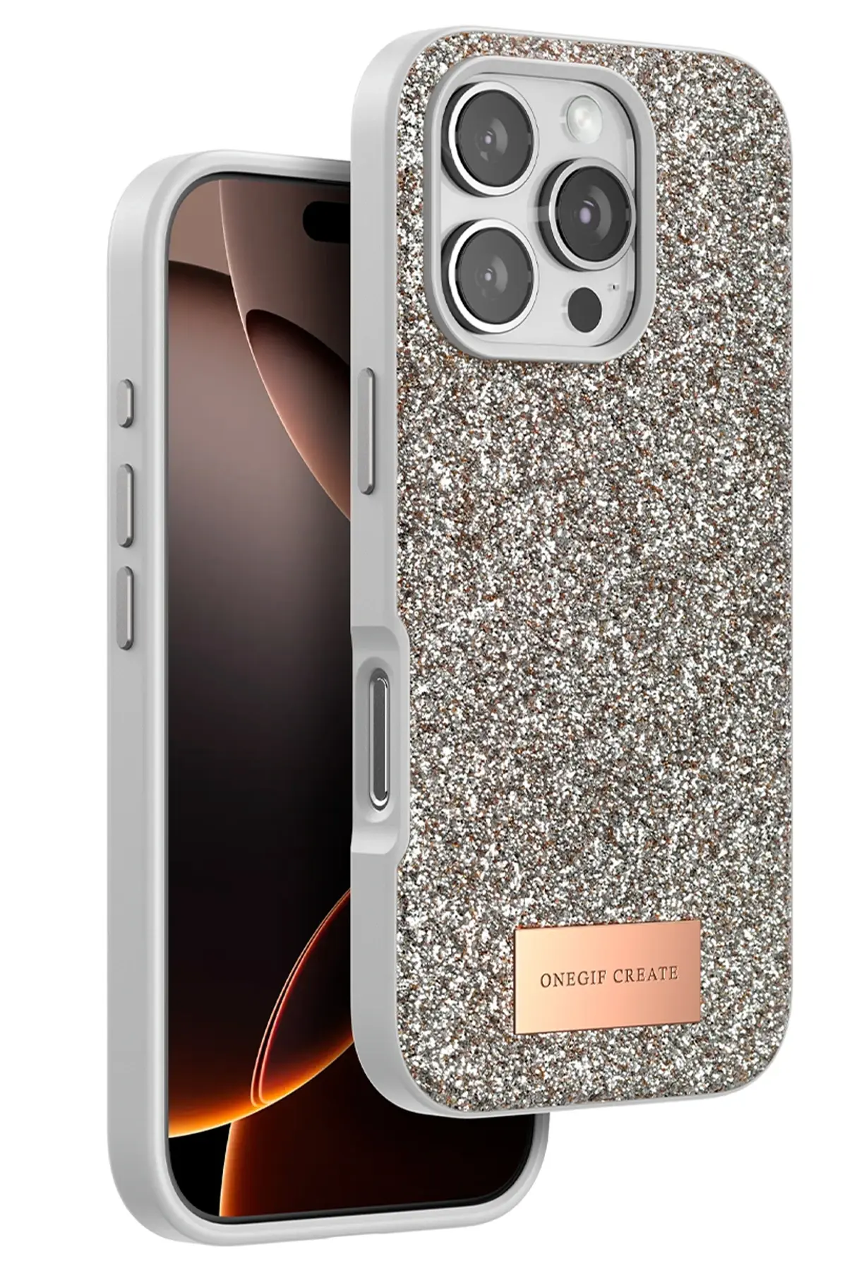 Onegif iPhone 16 Pro Bright Simli Kapak - Çöl Titanyum