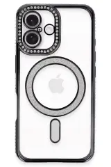 Newface iPhone 16 Kılıf Joke Simli Magneticsafe Kılıf - Siyah