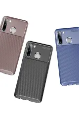 Newface Samsung Galaxy A21 Kılıf Auto Focus Karbon Kapak - Kahverengi