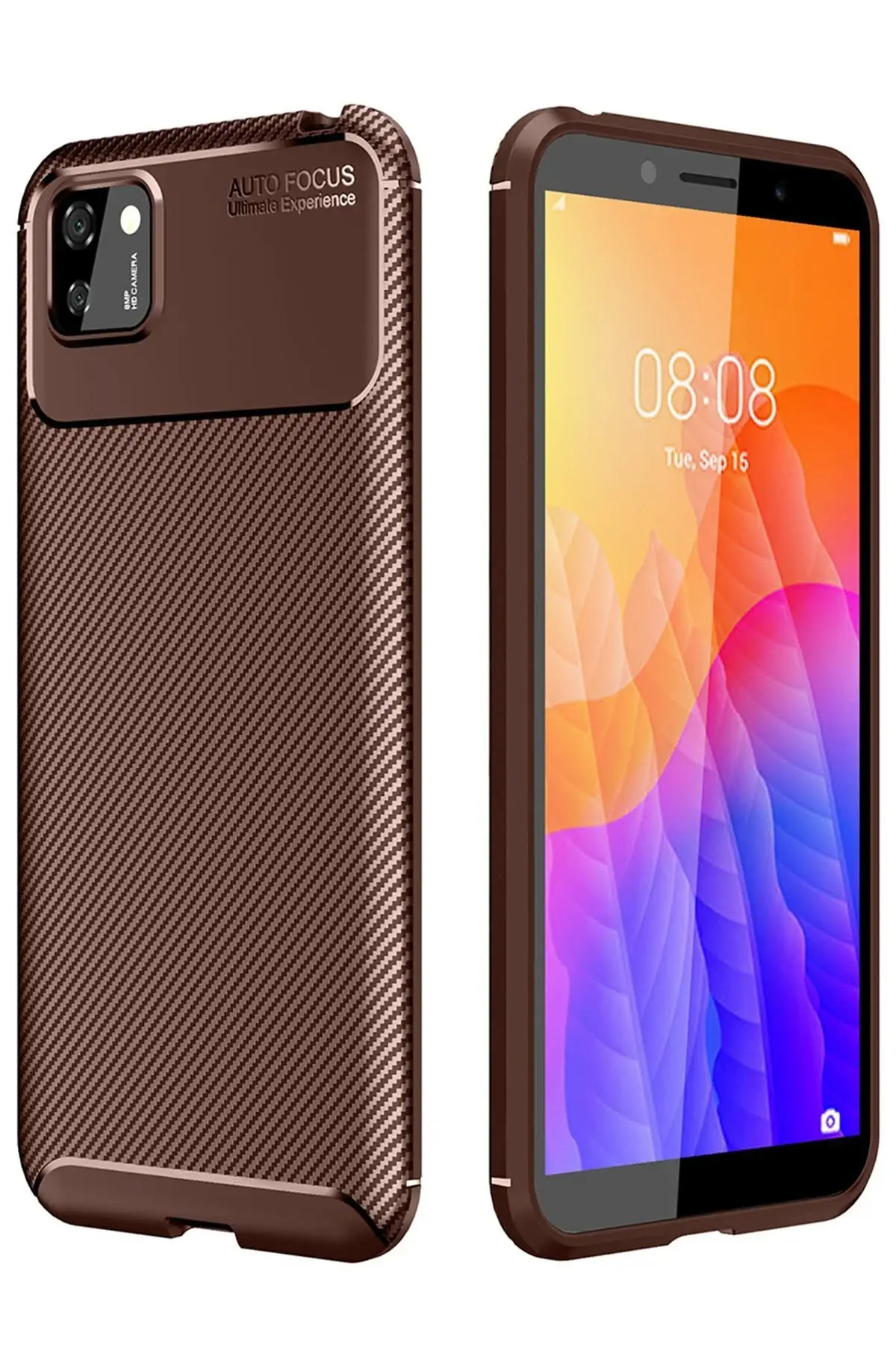 Newface Huawei Y5P Kılıf Auto Focus Karbon Kapak - Kahverengi