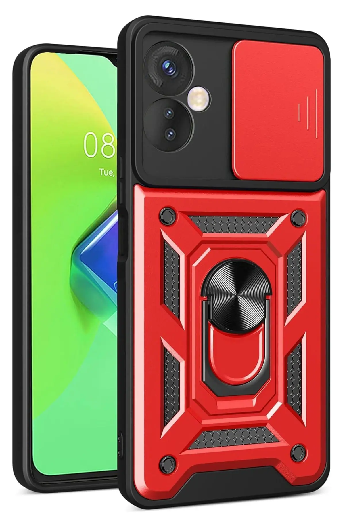 Newface İnfinix Hot 30 4G Kılıf Pars Lens Yüzüklü Silikon - Kırmızı