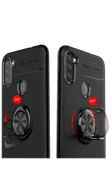 Newface Samsung Galaxy A11 Kılıf Range Yüzüklü Silikon - Siyah-Kırmızı