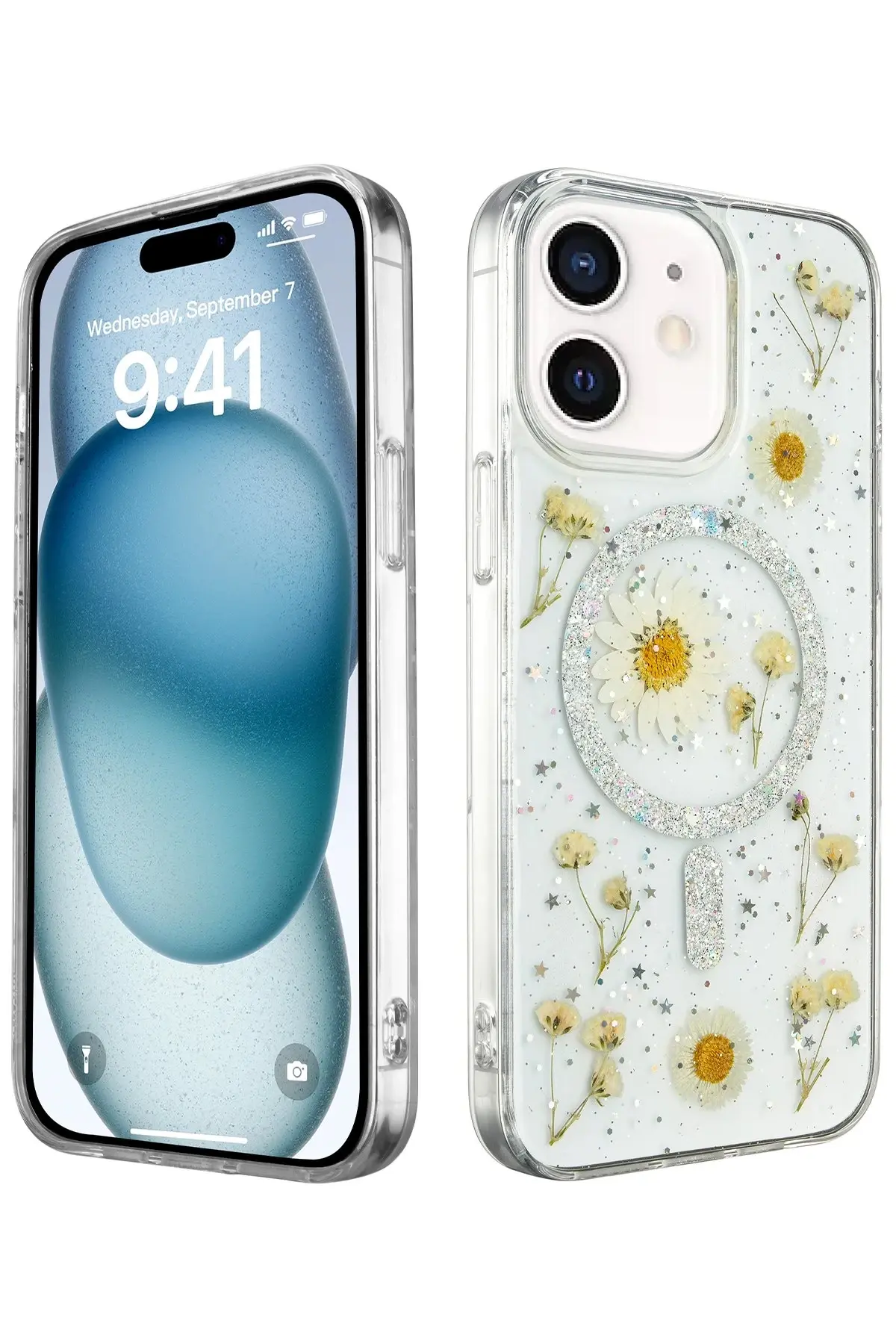 Newface iPhone 12 Kılıf Daisy Simli Magsafe Kapak - Gümüş