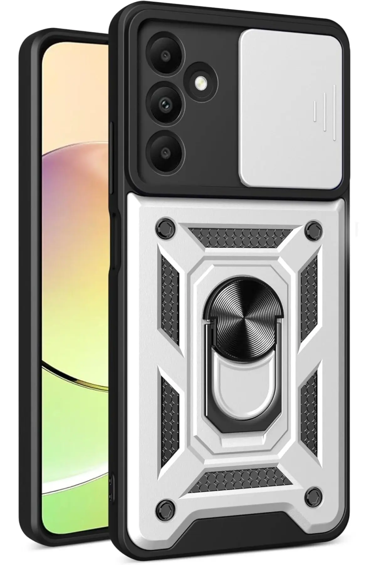 Newface Samsung Galaxy M15 Kılıf Pars Lens Yüzüklü Silikon - Gümüş