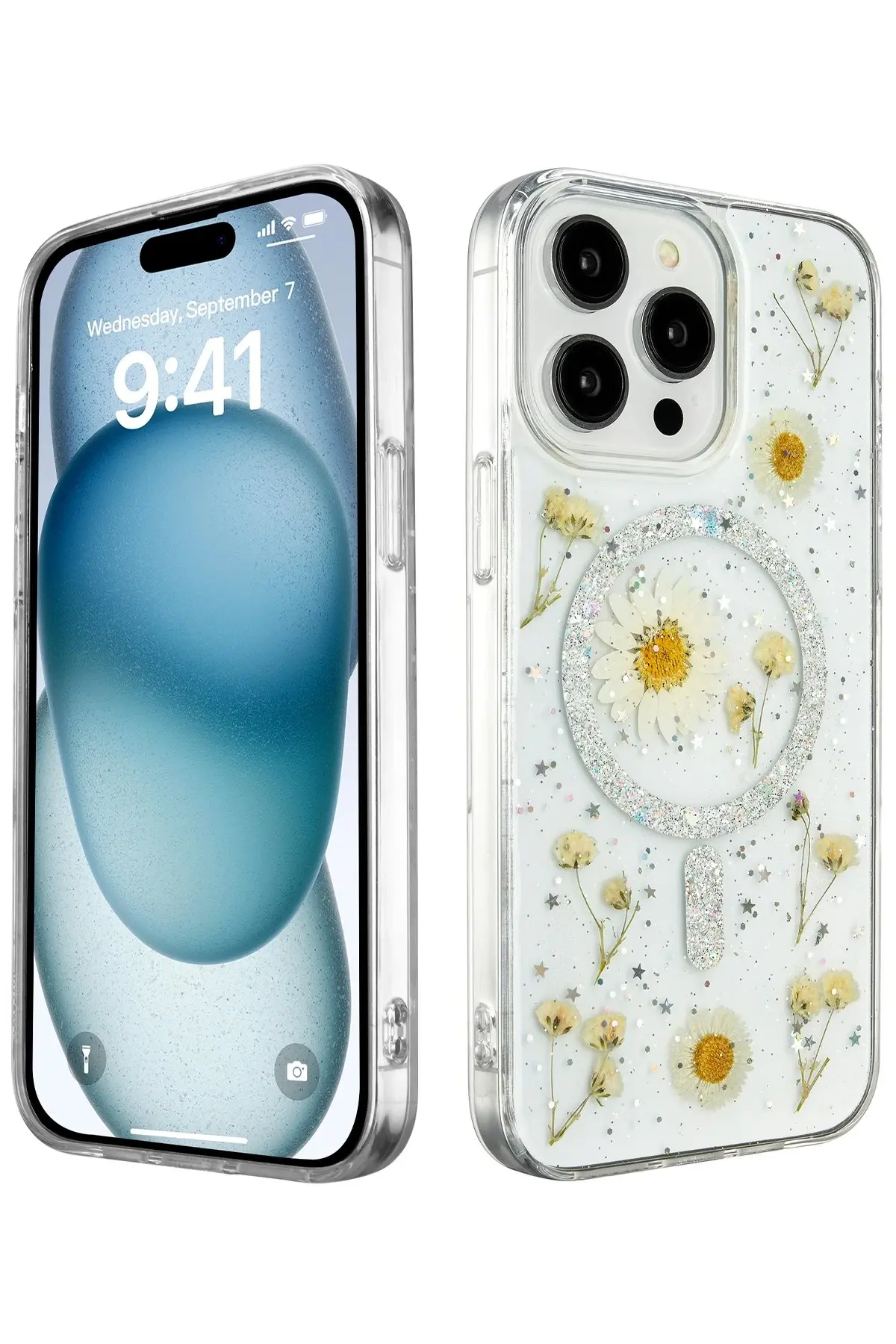 Newface iPhone 14 Pro Kılıf Daisy Simli Magsafe Kapak - Gümüş