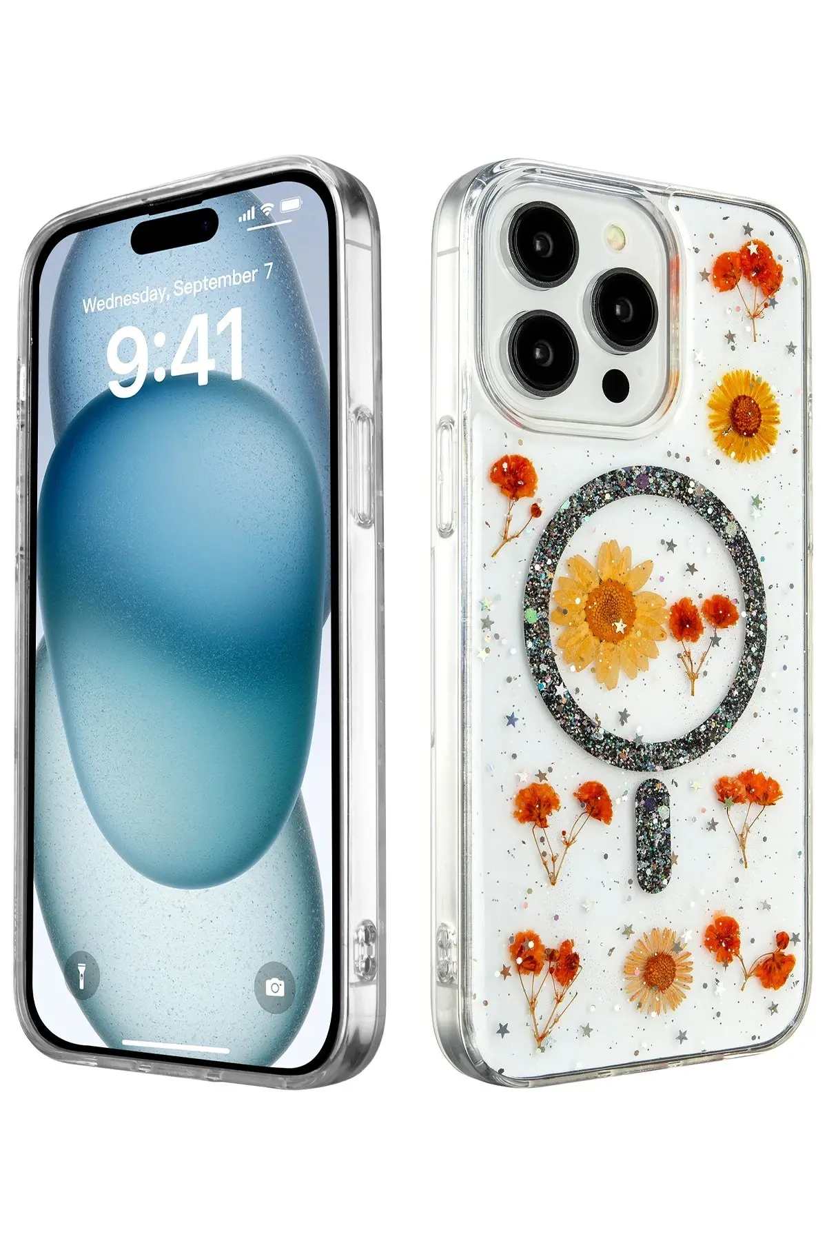 Newface iPhone 15 Pro Kılıf Daisy Simli Magsafe Kapak - Siyah