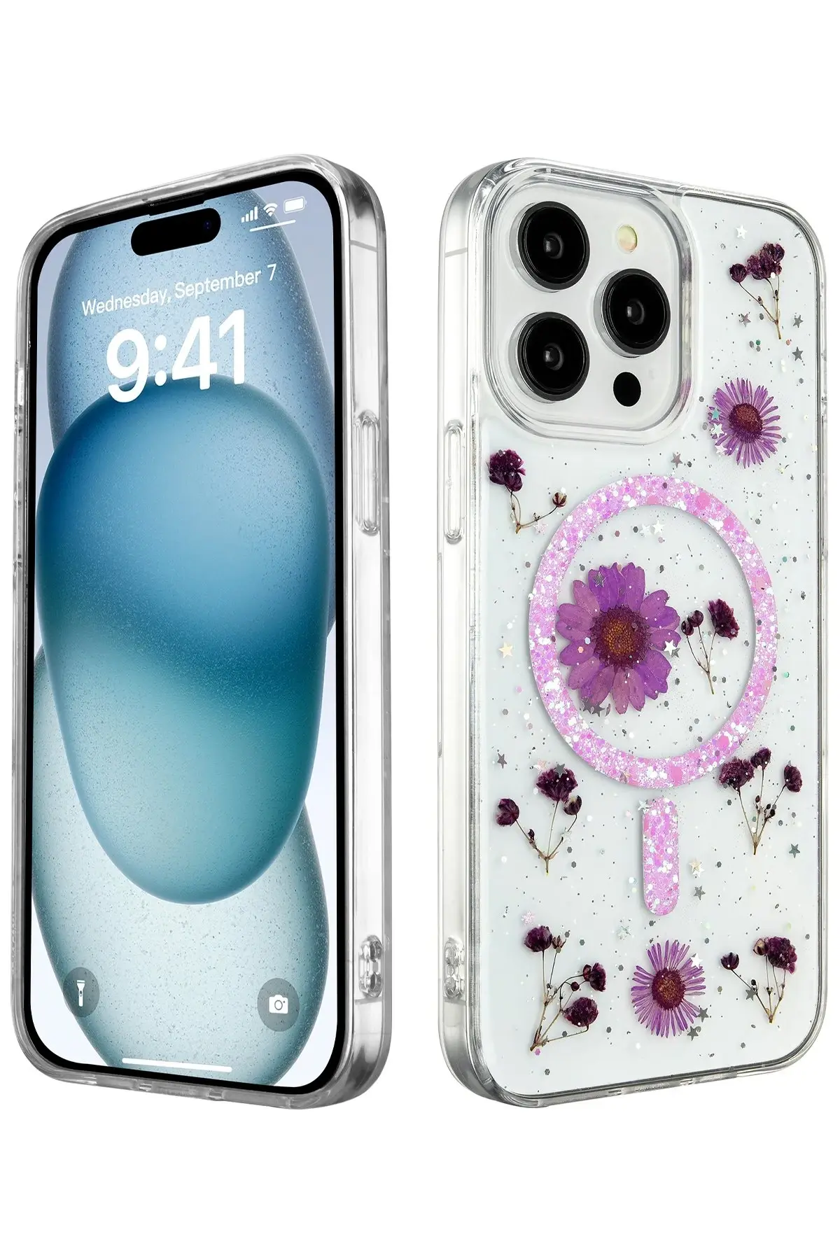 Newface iPhone 15 Pro Kılıf Daisy Simli Magsafe Kapak - Mor