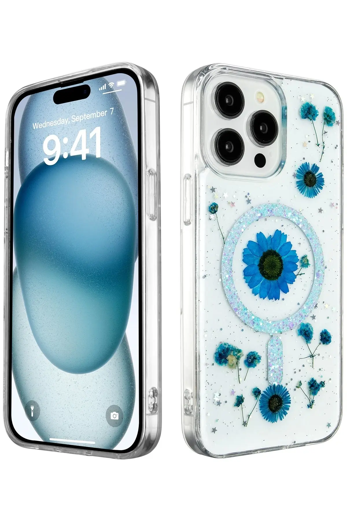 Newface iPhone 15 Pro Kılıf Daisy Simli Magsafe Kapak - Mavi