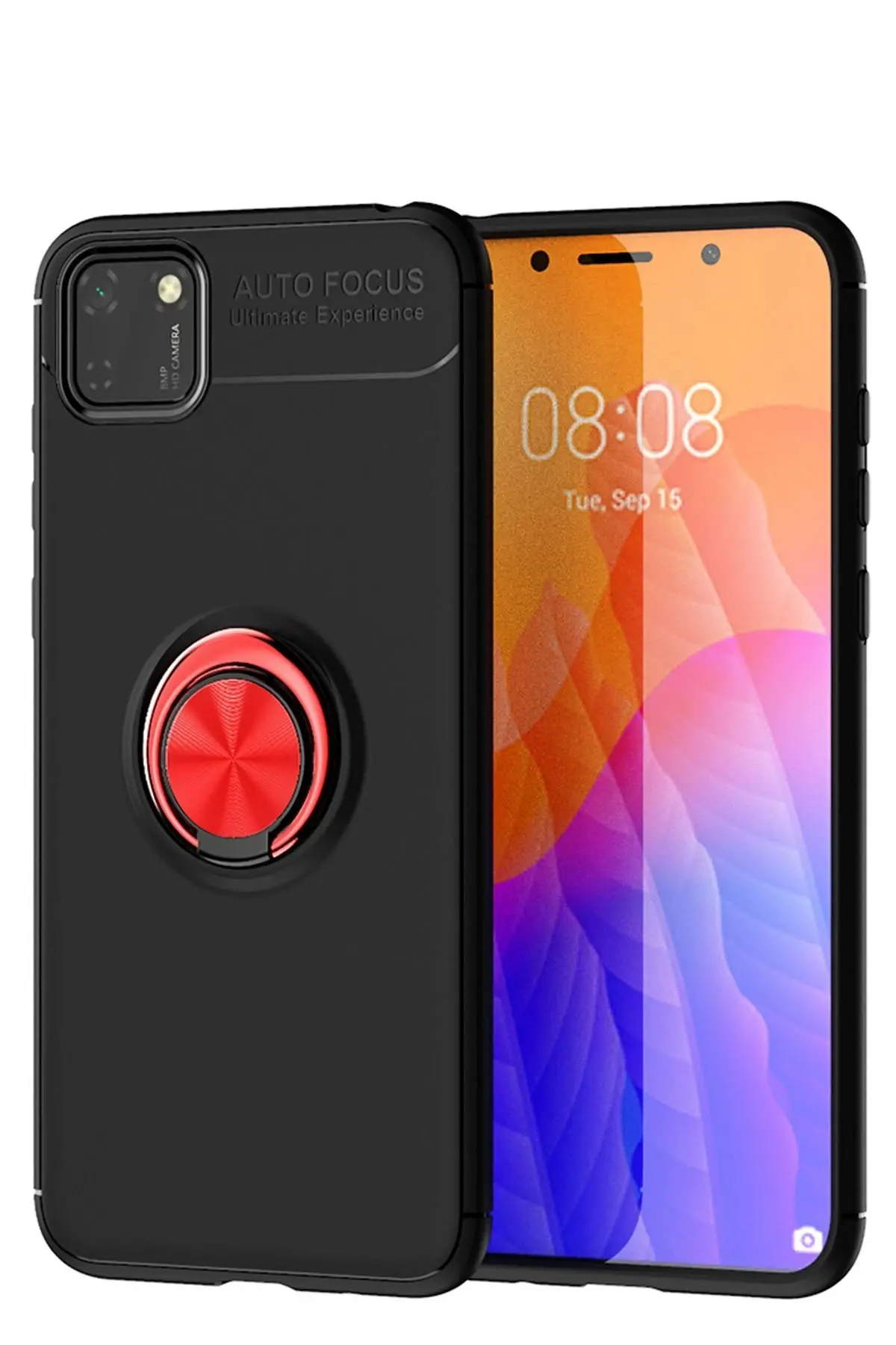 Newface Huawei Y5P Kılıf Range Yüzüklü Silikon - Siyah-Kırmızı