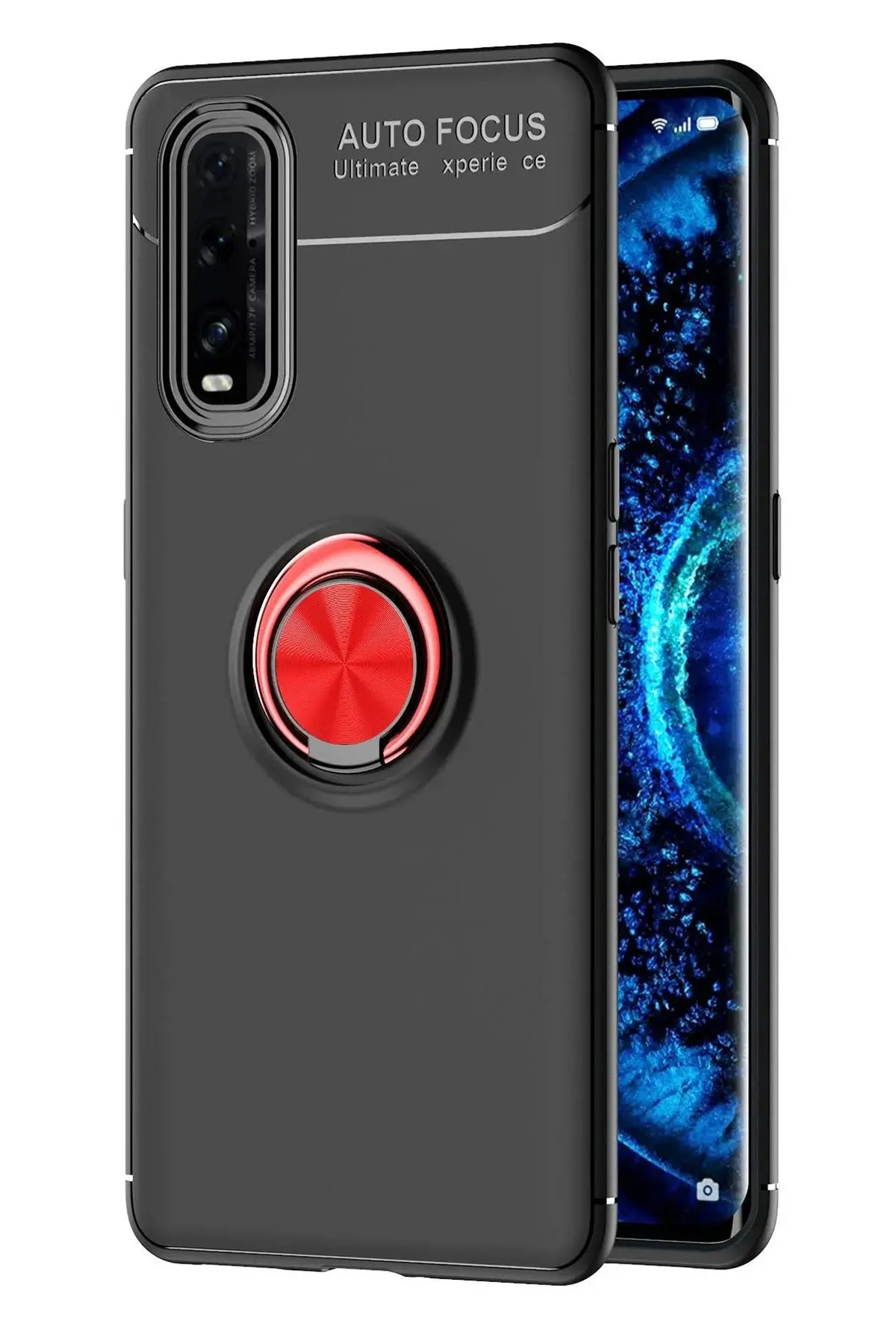 Newface Oppo Find X2 Kılıf Range Yüzüklü Silikon - Siyah-Kırmızı