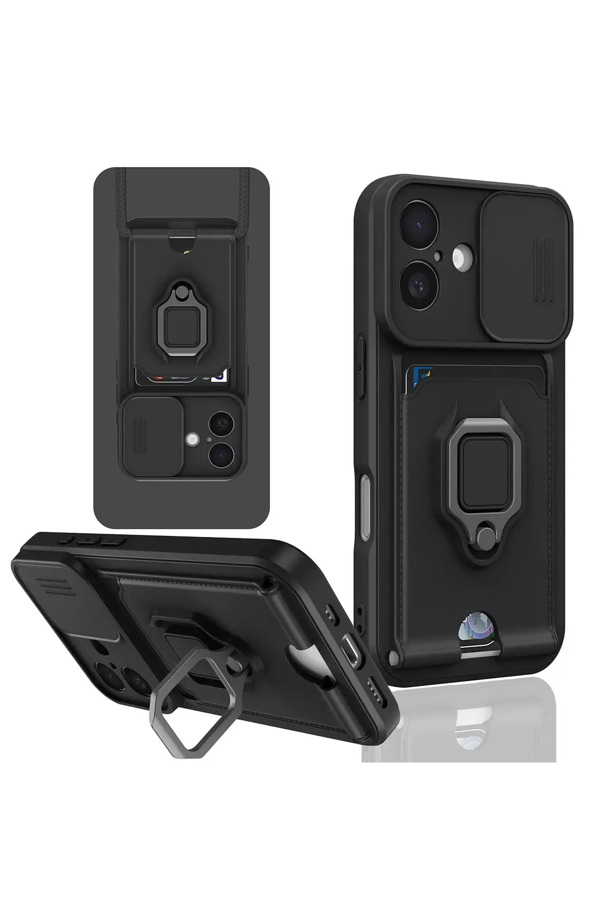 Newface iPhone 16 Kılıf Zuma Kartvizitli Yüzüklü Silikon - Siyah