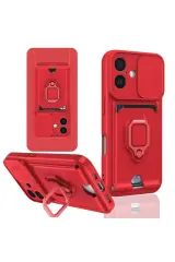 Newface iPhone 16 Kılıf Zuma Kartvizitli Yüzüklü Silikon - Kırmızı