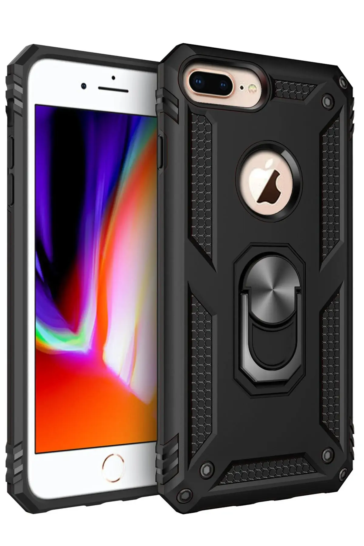 Newface iPhone 7 Plus Kılıf Sofya Yüzüklü Silikon Kapak - Siyah