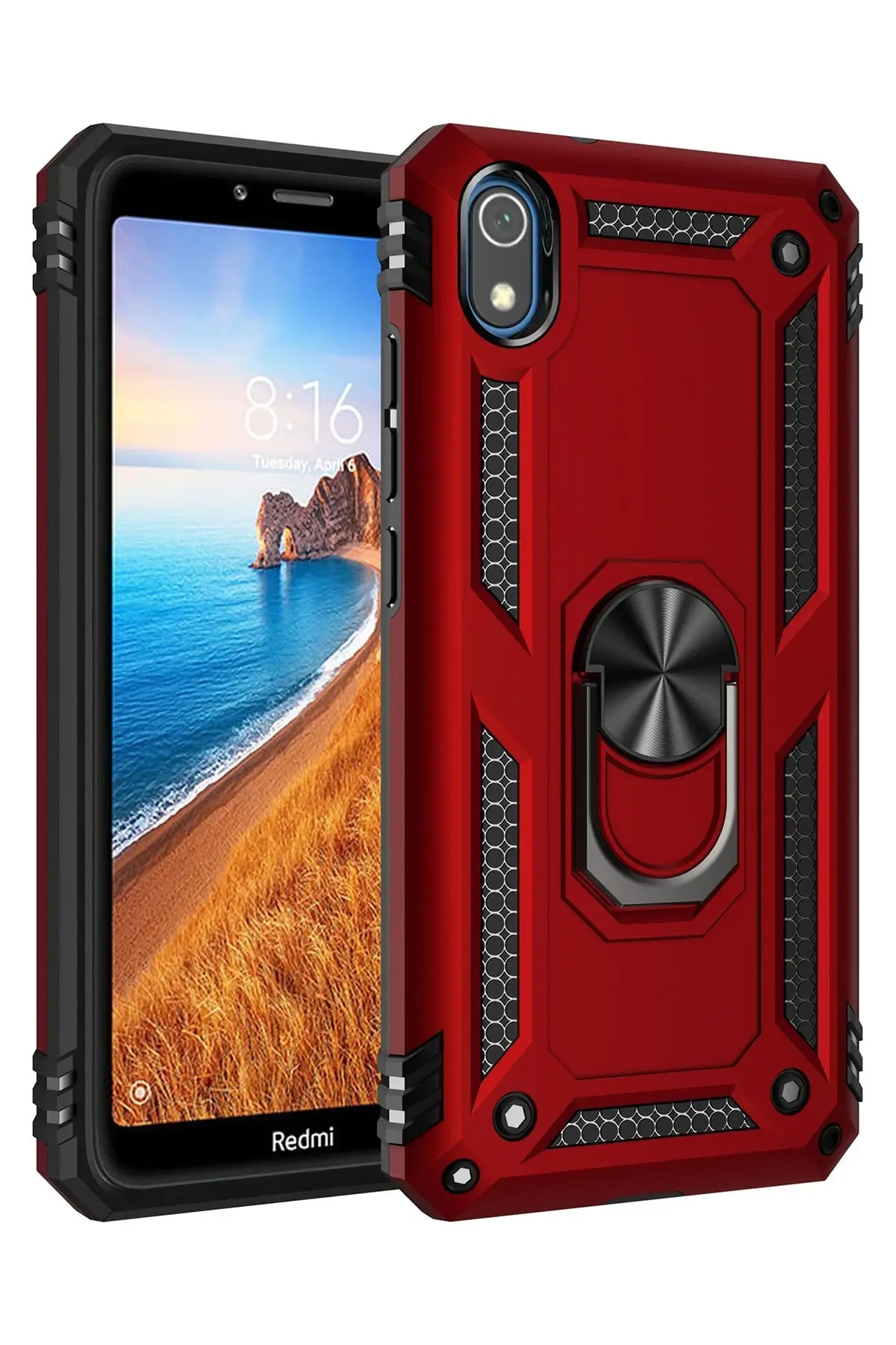 Newface Xiaomi Redmi 7A Kılıf Sofya Yüzüklü Silikon Kapak - Kırmızı